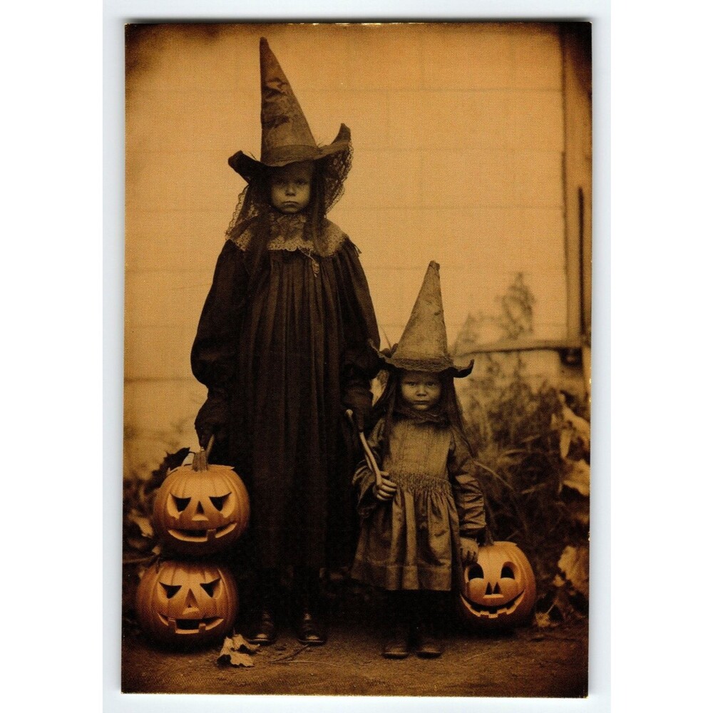 Vintage Halloween Postcard Two Children in Witch Costumes with Jack-o'-Lanterns
